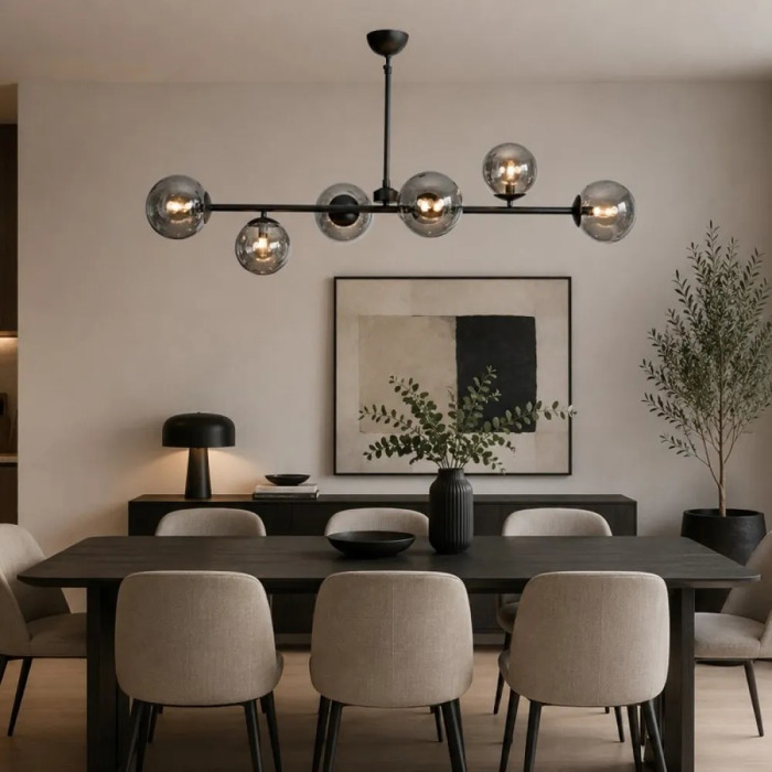 NG Lighting Kremasto Fotistiko Rag Xeiropoiito Metalliko Mavro me Fime Gyalia Exafoto G9 100x70cm 2026845